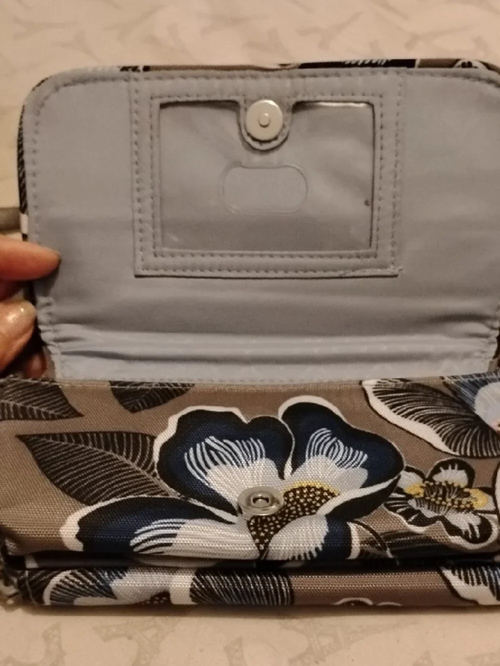Vera Bradley Floral Crossbody Clutch Wallet Taupe White Blue Canvas Adj. Strap
